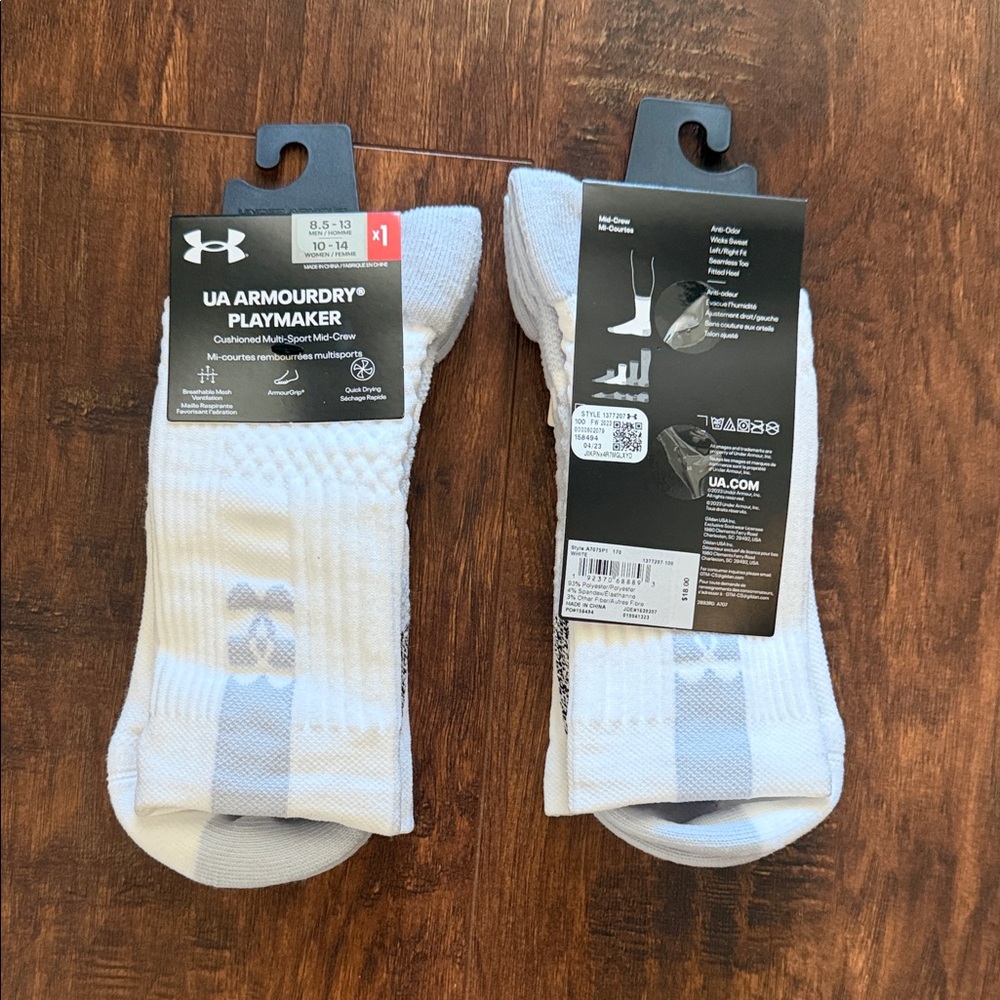 Under Armour Playmaker Socks - White Running/Train 2 pair